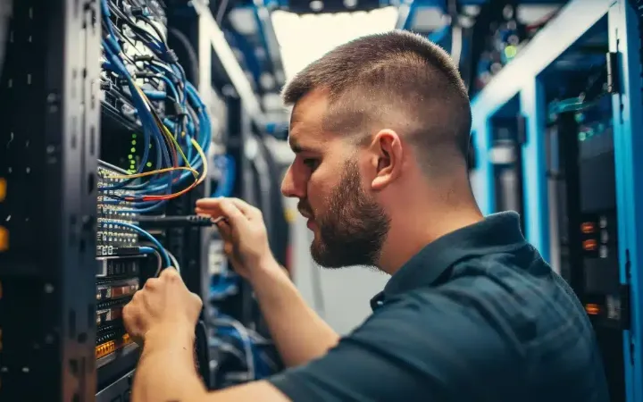 Informatikus szerverszekrény kábelezésén dolgozik